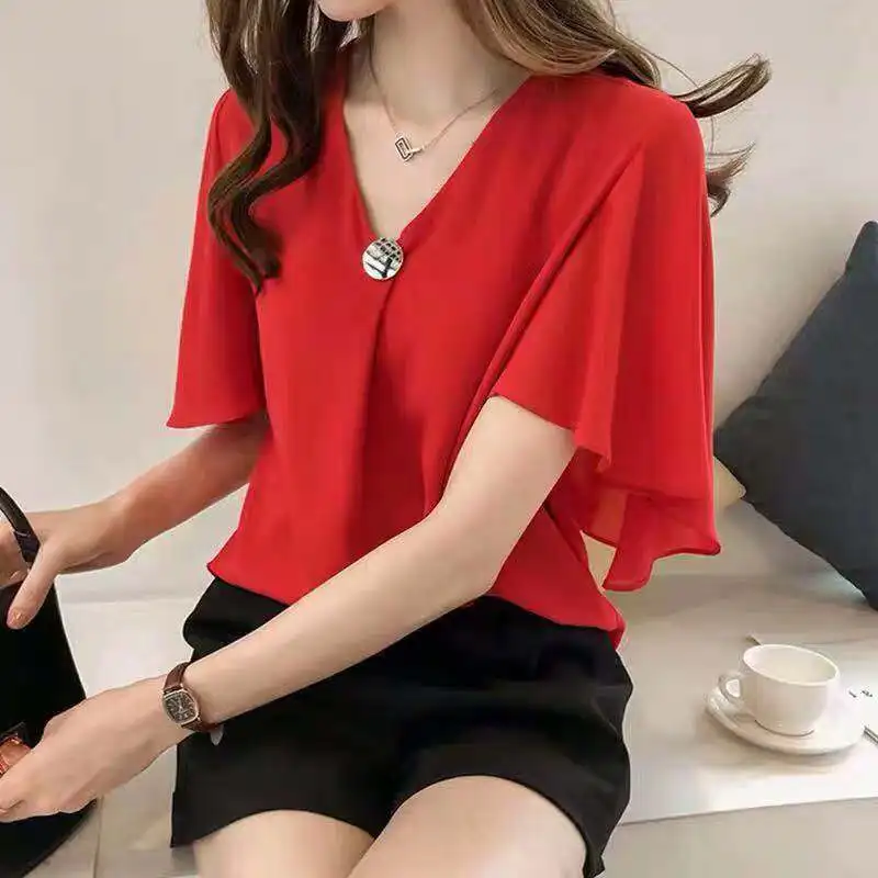 Women\'s 2023 New Fashion V-Neck Button Loose Batwing Sleeve Chiffon Shirt All-match Female Clothing Korean Casual Solid Blouses