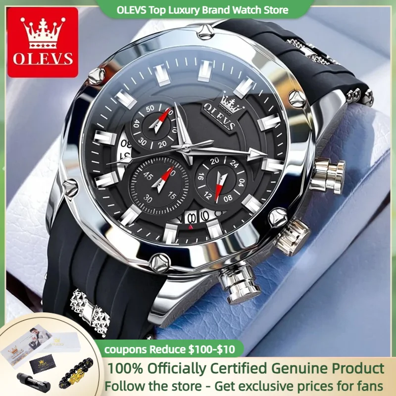 OLEVS New Fashion Quartz Watch for Men Silicone Tape Date Chronograph Multifunction Sports Men\'s Quartz Watch 2024 Trend