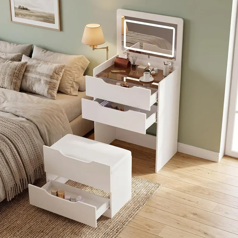 Compact Vanity with Hidden Chair White 3 in 1 Vanity Desk