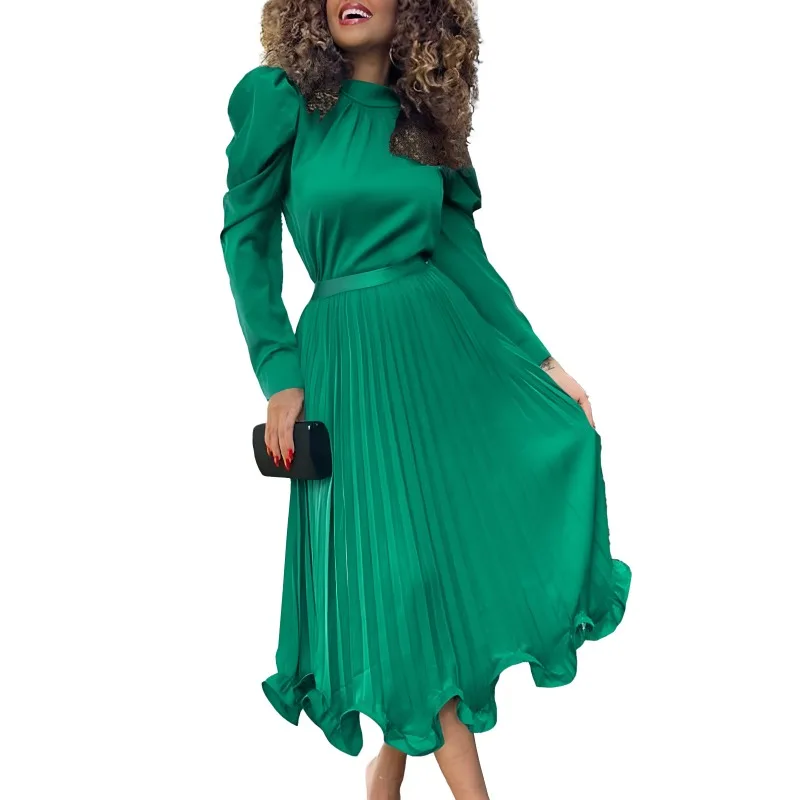 High Neck Robe Two Piece Set Fashion Plus Size Pleated Evening Party Dress Women's Set Autumn New Solid Bubble Sleeve Top Ruffle