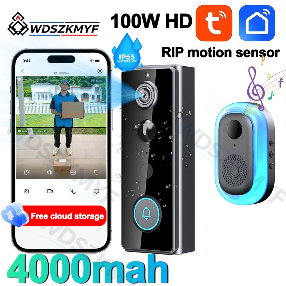 tuya-24g-wi-fi対応ビデオドアベル-1080p-ワイヤレスドアベル-tuyaアプリ対応-スマートインターホンカメラ-ip65防水仕様-4000mahバッテリー内蔵