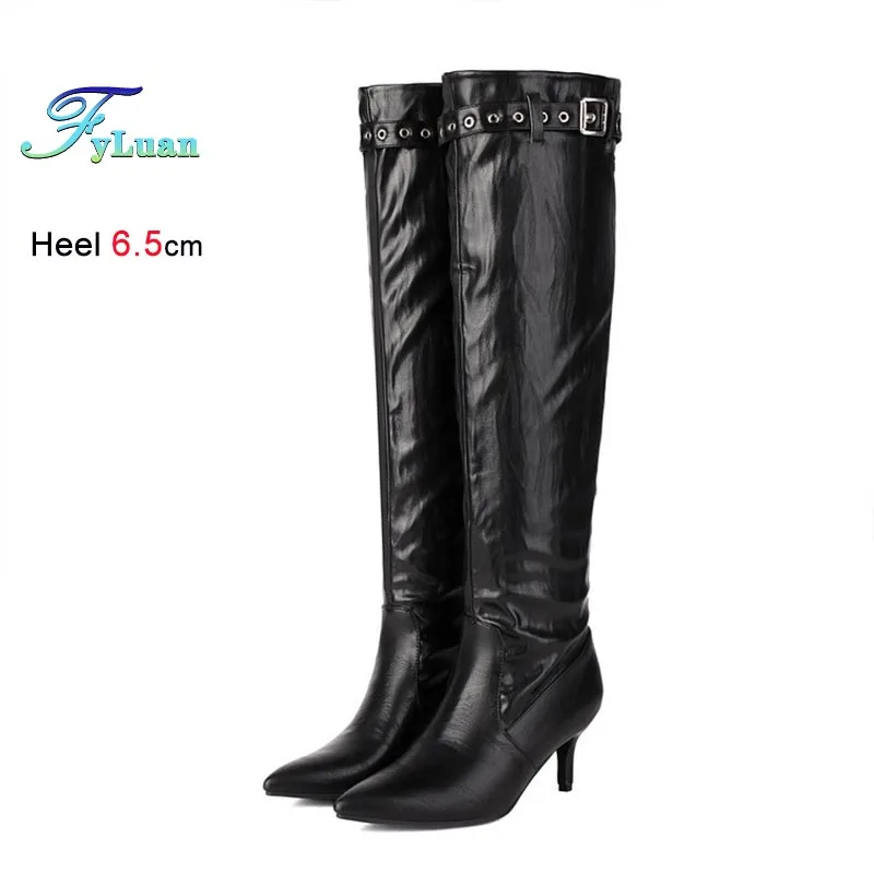 

Autumn Winter Sexy Stiletto Lady Shoes New High Heeled Women's Knee Length Boots Fashion Leather Buckle Pointed Toe Tall Boots