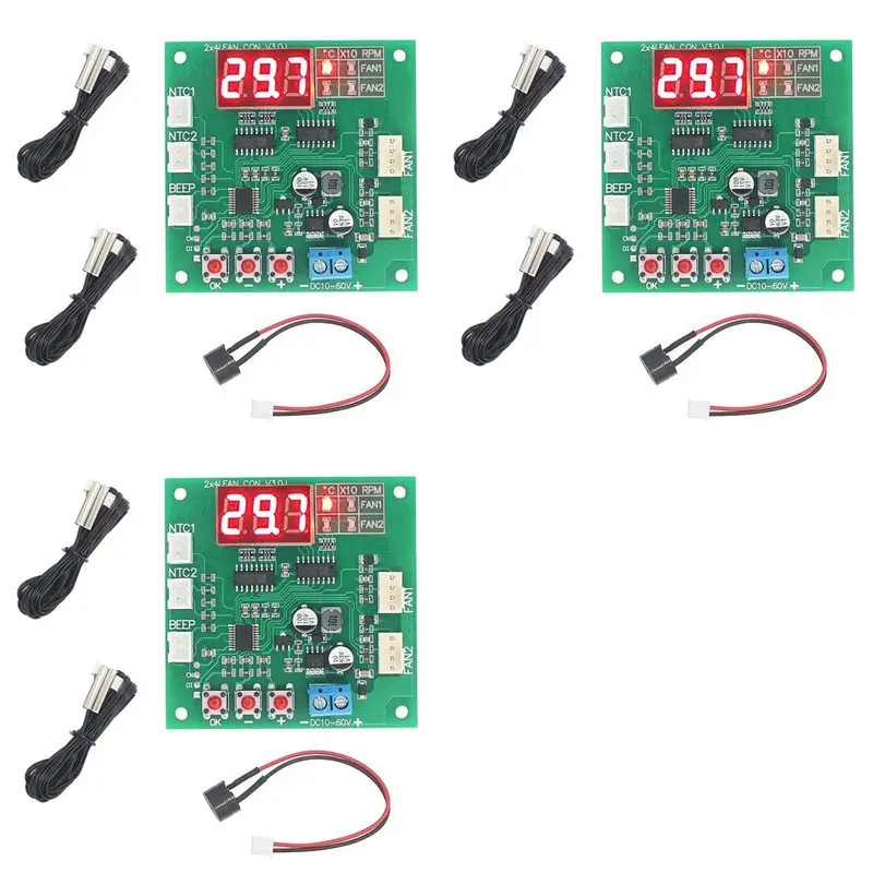 ABVO-3X 2 Channel 4 Wire DC 12V 24V 48V PWM Motor Fan Speed Controller Digital Display Governor Temperature Control