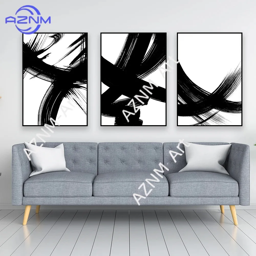 Abstract Canvas Painting Poster Minimalist Black and White Brush Strokes Print Modern Gallery Wall Decor Home Living Room Decor