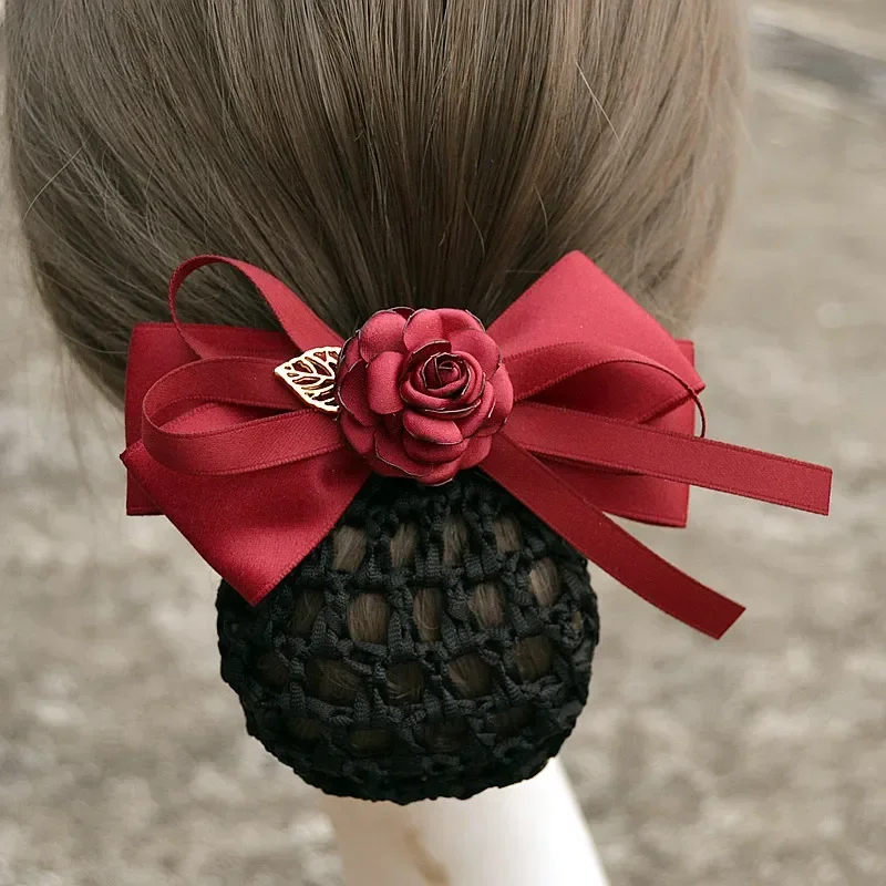 Satin Bow Barrette Hair Clip Cover Bowknot Bun Snood Hairnet Hair Jewelry Rhinestone Bun Snood Women Hairnet Hair Accessories