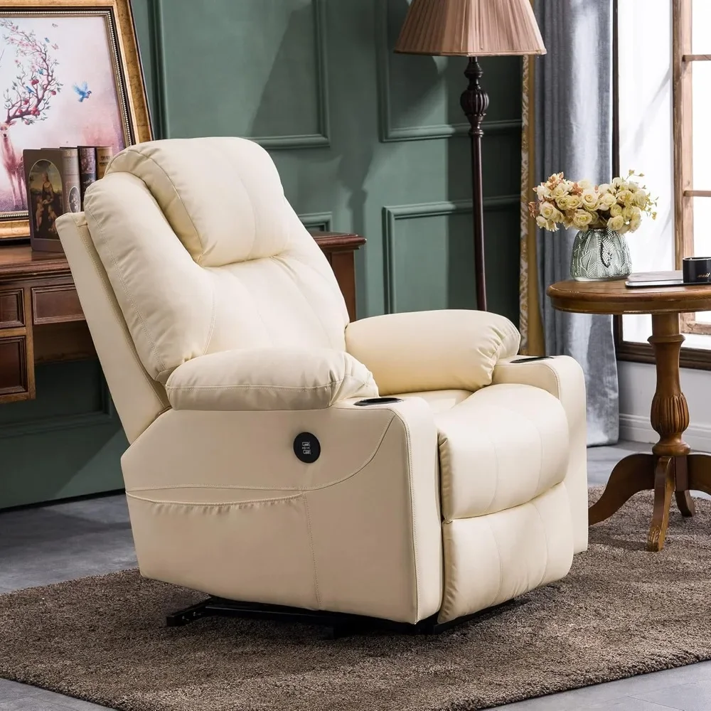 Artificial leather electric lift recliner sofa, massage and heating function, 2 side pockets and cup holder, USB port,