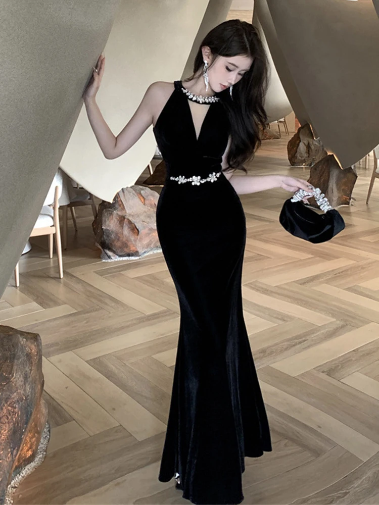 فستان سهرة رسمي مثير عتيق للنساء أنيق أسود رسن بقماش شفاف لصق ذيل السمكة رداء نسائي للحفلات فيستدوس فييستا