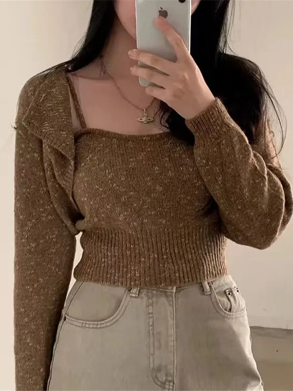 Sexy Long Sleeve Knitted Sweater Women's Two-Piece Set Korean Style Loose Fit Dyeing Process Autumn New Arrival 2025 Design