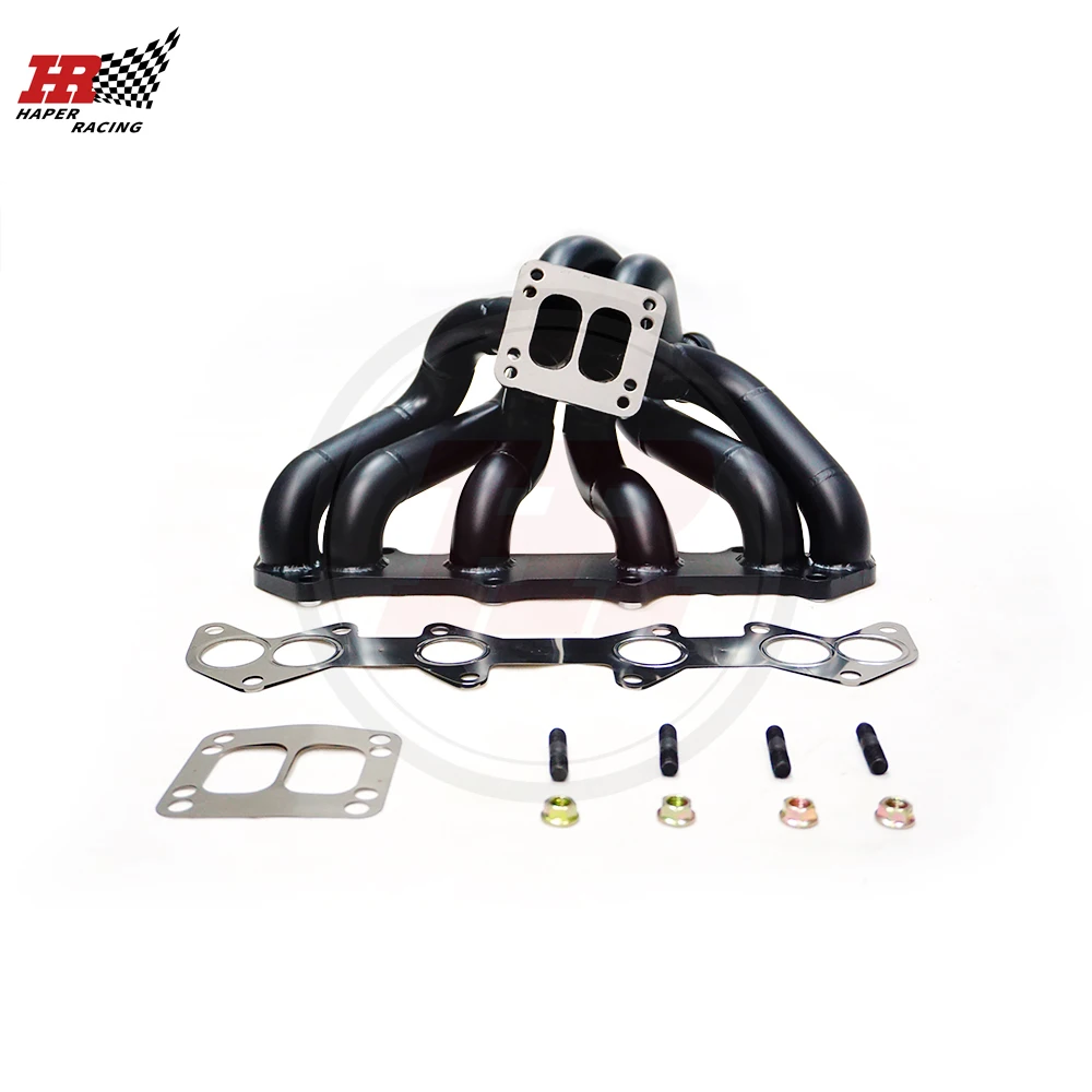 HP RACING Black Ceramic Coating SS304 T3/T4 3mm Thick Steam Pipe Twin Scroll Manifold For To Yo Ta 1JZGTE VVTI