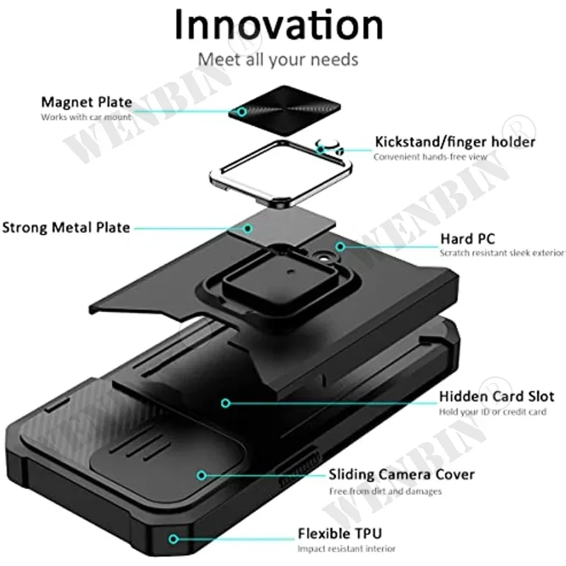 Case For iPhone 15 14 13 12 11 Pro Max Plus 8 7 Plus XR X SE 2022 Card Holder Slot Military Wallet Slide Camera Grade Case