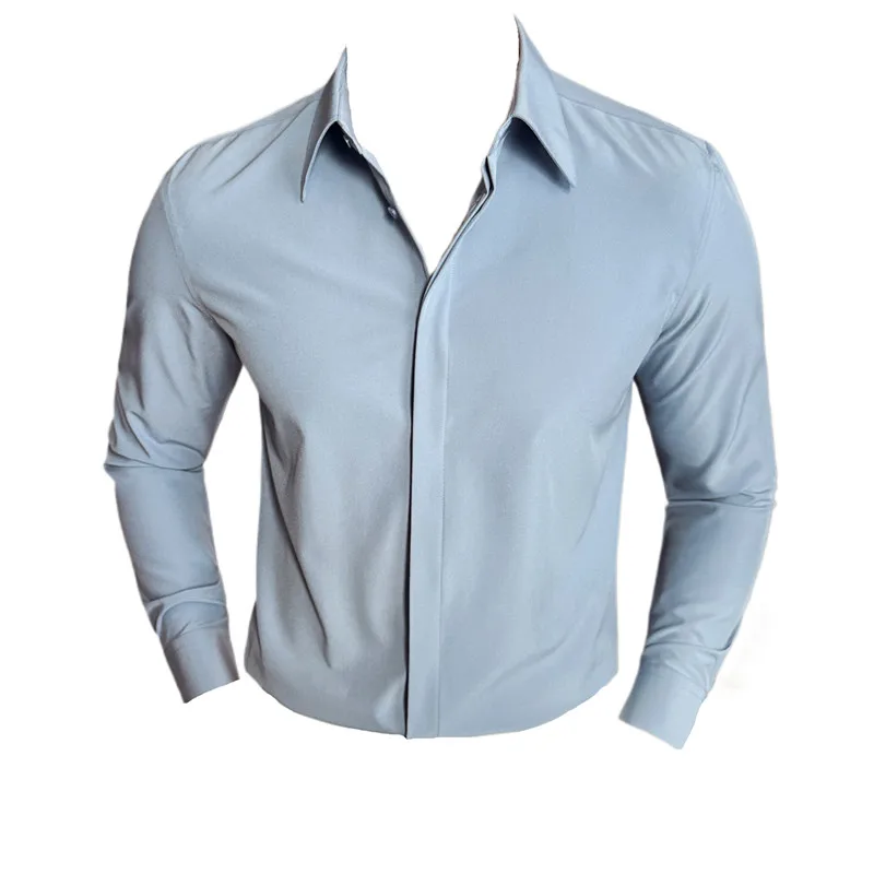 High Quality Invisible Button up Stand Up Collar Shirt 2024 New Men Long Sleeve Slim Fit Casual Social Business Prom Shirts