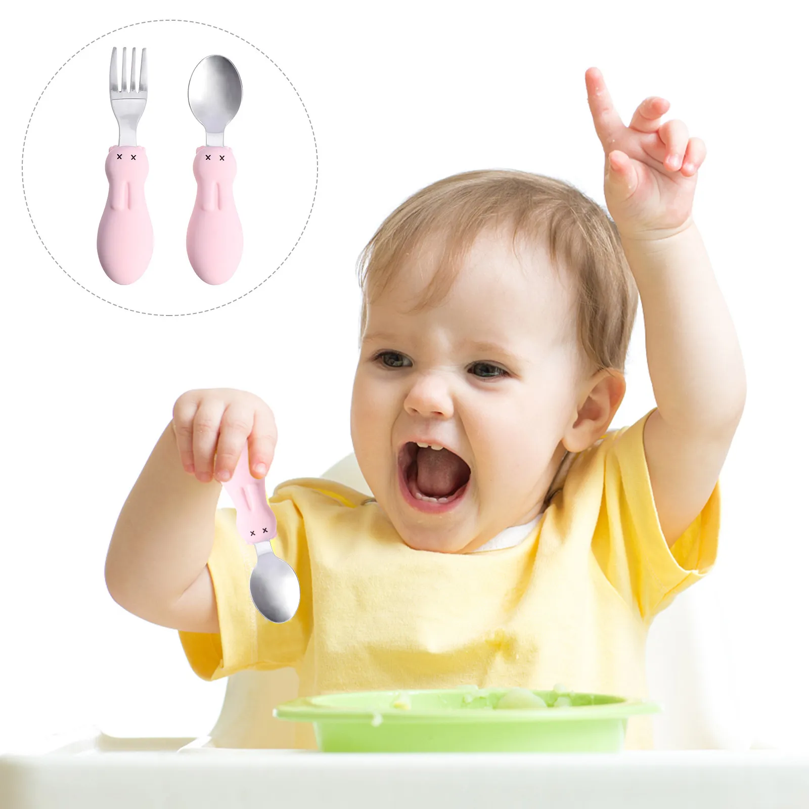 

1Set Infant Training Spoon Fork Set Baby Utensils Short Handle Stainless Steel Silicone Baby Shower Gift Cartoon Rabbit