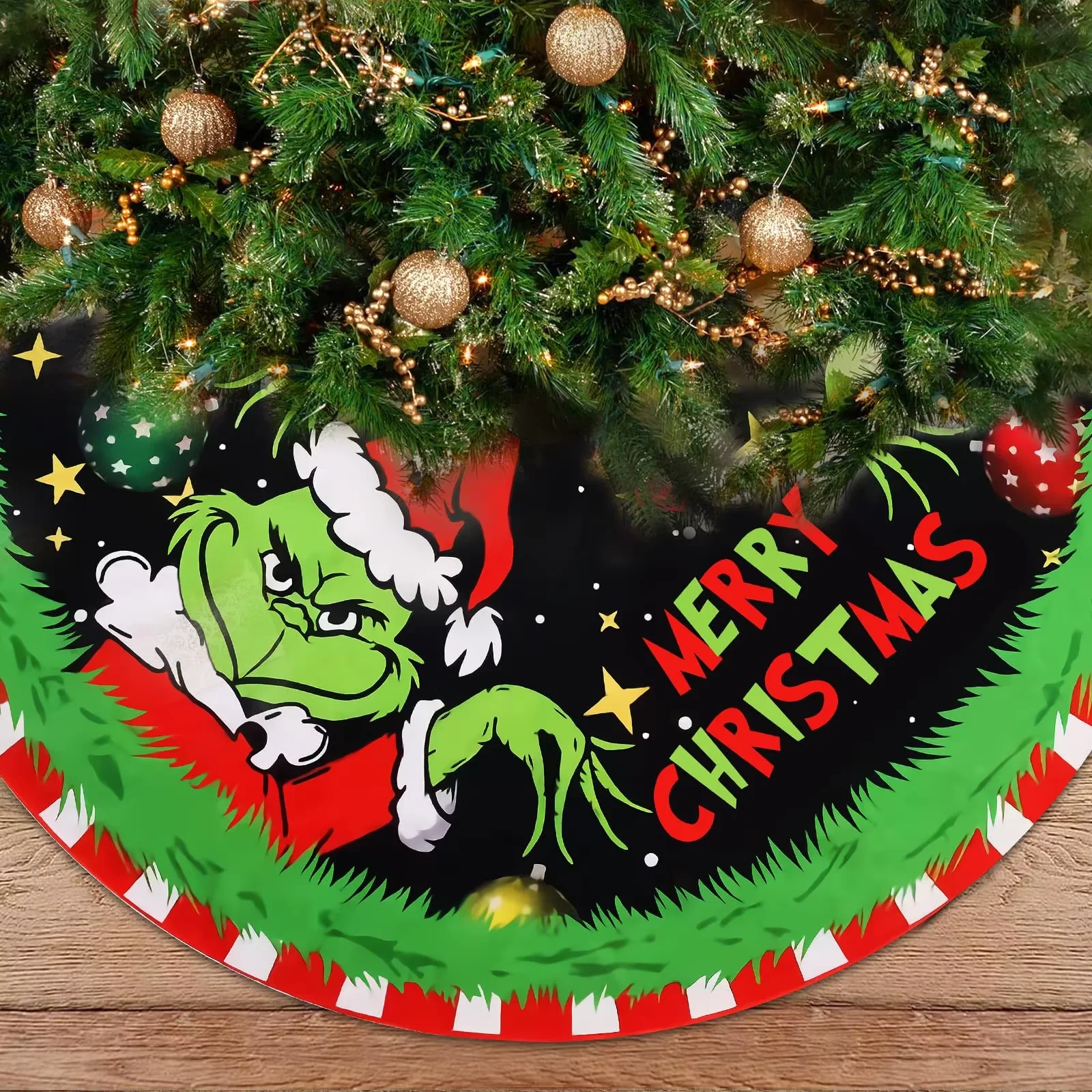 VIKAMA Green Monster Grinch Christmas Tree Skirt Festive Atmosphere Home Decor for Indoors and Outdoors Christmas Ornaments