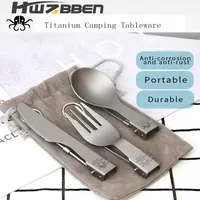 HWZBBEN Titanium Spoon Fork Knife Set Portable Ultralight Outdoor Caping Tableware Kitchen Supplies Dinnerware