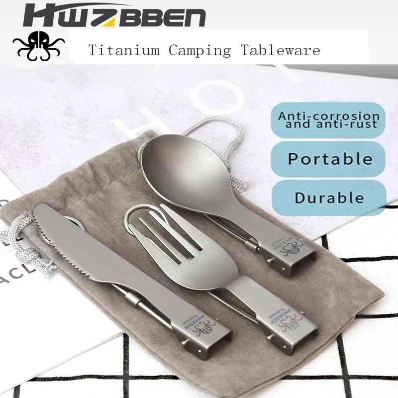 HWZBBEN Titanium Spoon Fork Knife Set Portable Ultralight Outdoor Caping Tableware Kitchen Supplies Dinnerware