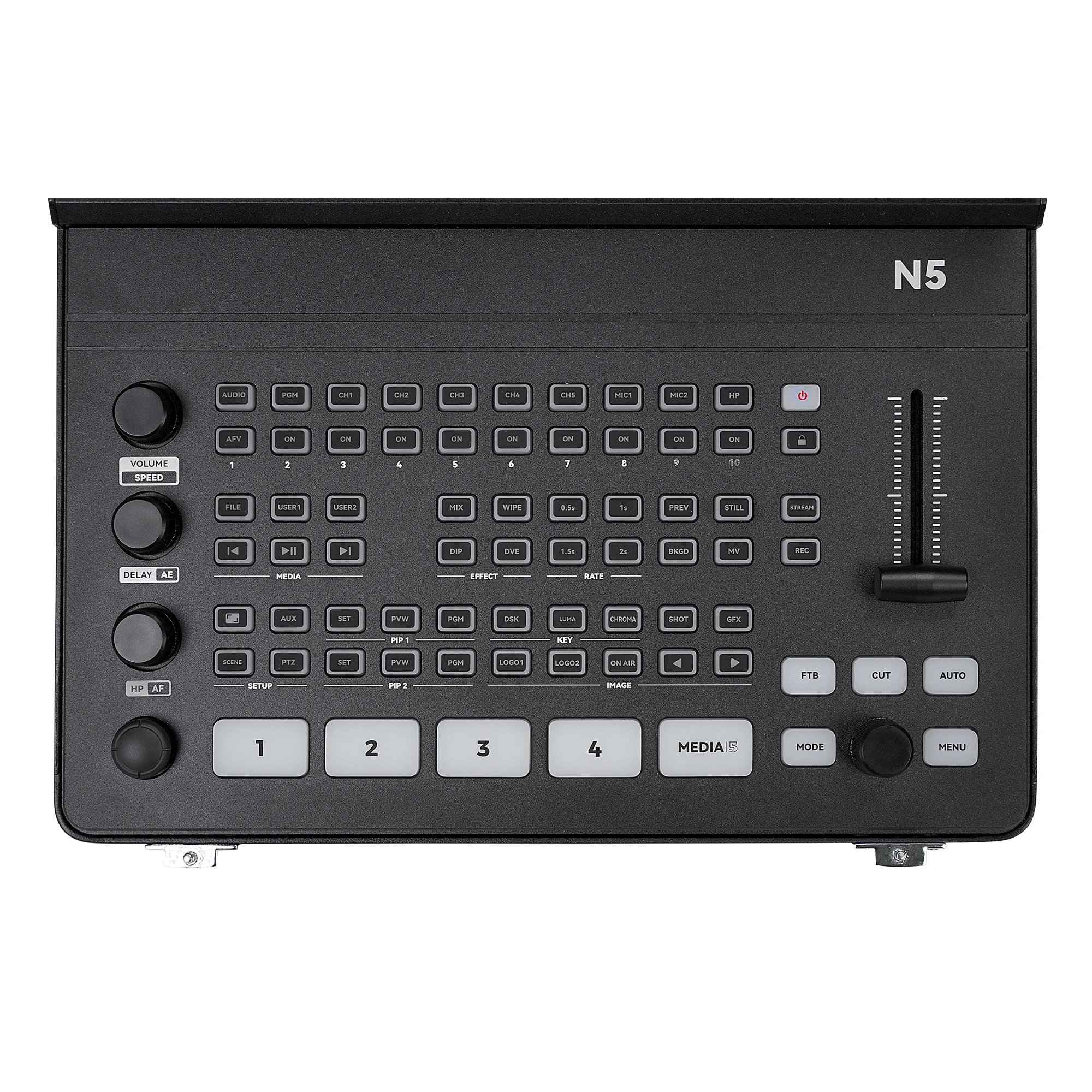 Multifunctional broadcast switcher with a 10.1-inch flip-up screen, supporting NDI input and 4K live streaming