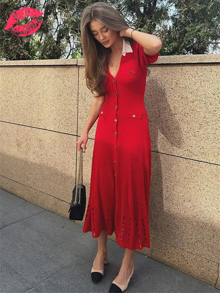 

Tossy V-Neck Knit Contrast Long Dress Women Hollow Out Lapel Fashion High Waist Elegant Party Dress Knitwear Ladies Maxi Dress