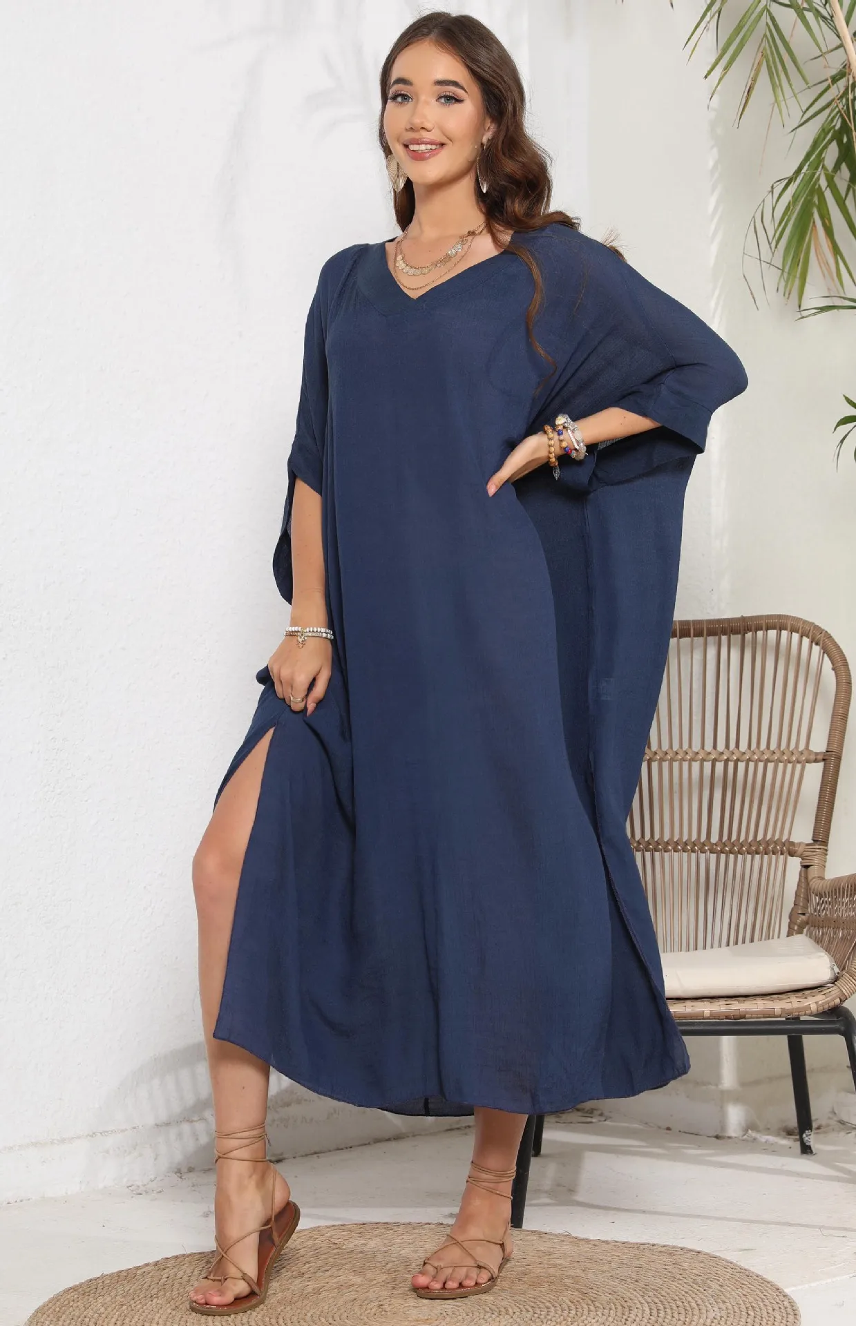 Robe de plage longue pour femmes, caftan bleu noir, décontracté, ample, Cover-Up pour Bikini, col en v, fendue, protection solaire, vêtements de plage, été