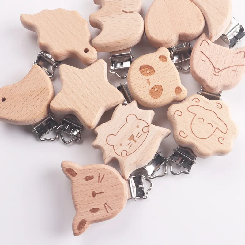 10Pcs Beech Wooden Clips Metal Bracket Dummy Holder DIY Pacifier Chain Handmade Crafts Accessories