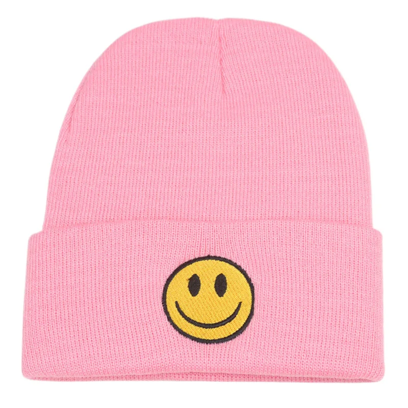 Smile Pattern Knitted Winter Beanies Hats for Women, Pink Black Skully Cap Warm Hats Sombrero Gorros Hombre