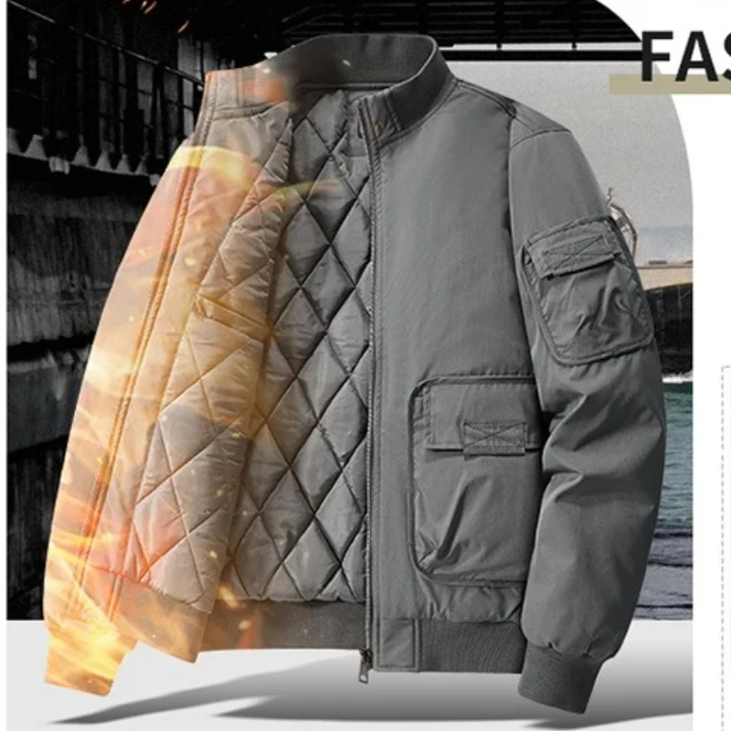 

Мужская стеганая куртка-бомбер, зимняя куртка из чистого хлопка и флиса, толстый комбинезон для стирки, уличный повседневный воротник-стойка, мужская рабочая одежда, пальто