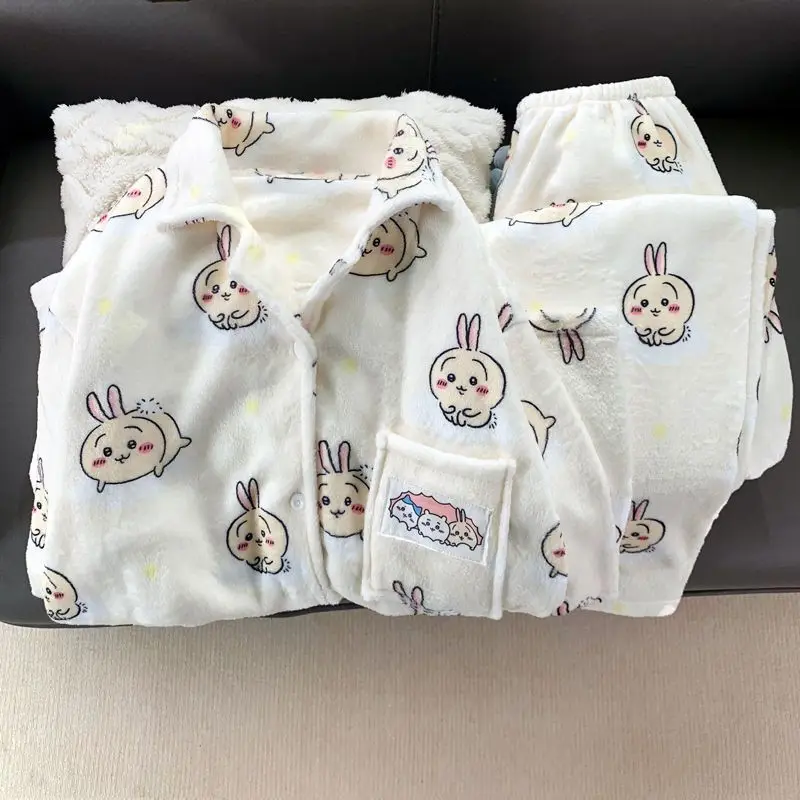 

Милые пижамы Chiikawas Hachi, фланелевые пижамы, плотная милая одежда для дома с длинными рукавами, кавайная одежда для сна для девочек, студентов, домашняя одежда