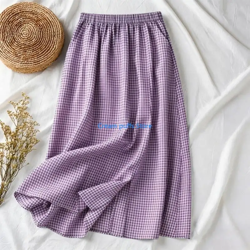 50LE Skirts for Women Flowy High Skirt Beach Trendy Drawstring Gingham Skirt with Pocket
