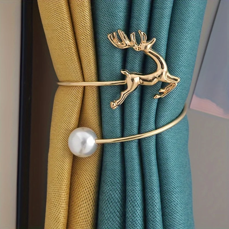 Golden Curtain Tie with Deer Head -Elegant Window Cord Holder,Metal Curtain Fastener for Living Room,Bedroom,Pearl Embellishment