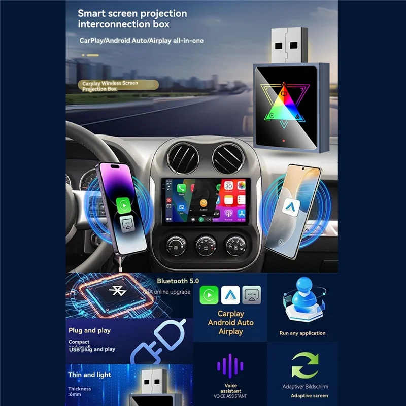 A73E-Airplay Wireless Carplay Adapter 3 In 1 Smart AI Box Android Auto USB Dongle Wired To Wireless Carplay Adapter
