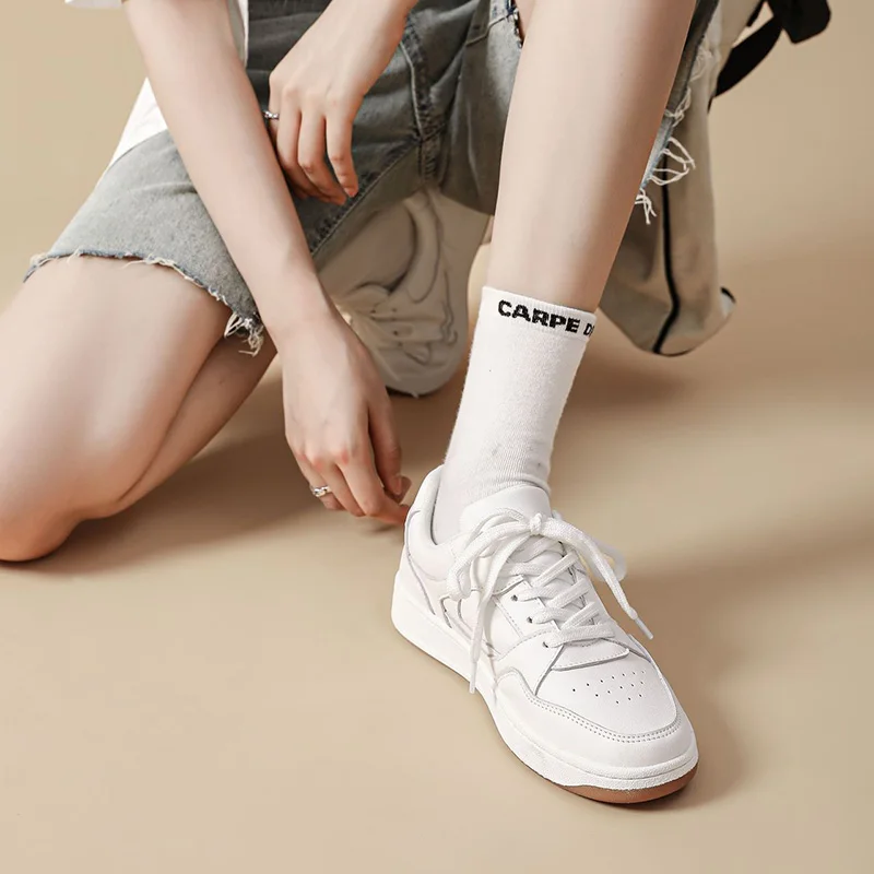 JOZHAMTA Size 35-40 Women Sneakers Real Leather Casual White Flats Shoes For Women 2023 Ins Fashion Platform Shoes Lace Up