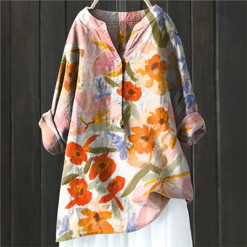 New Summer Vintage Floral Art Print Linen Shirts Women Casual Trendy V Neck Dressy Blouses Long Sleeve Button Tunic Long Tops