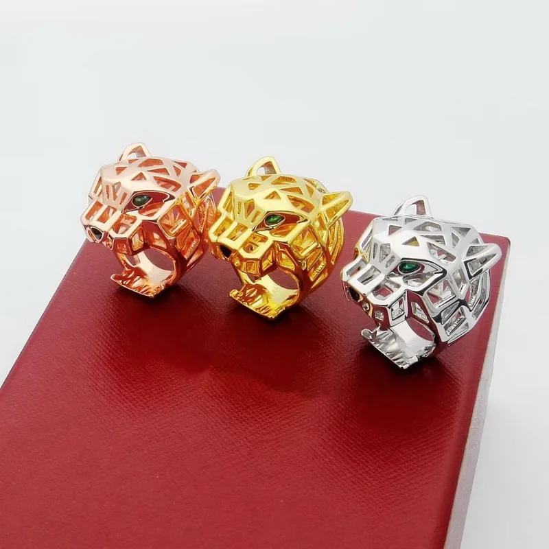 Designer Collection Style Ring Men Women Lady Hollow Out Plated Gold Color Green Eyes Leopard Panther Rings