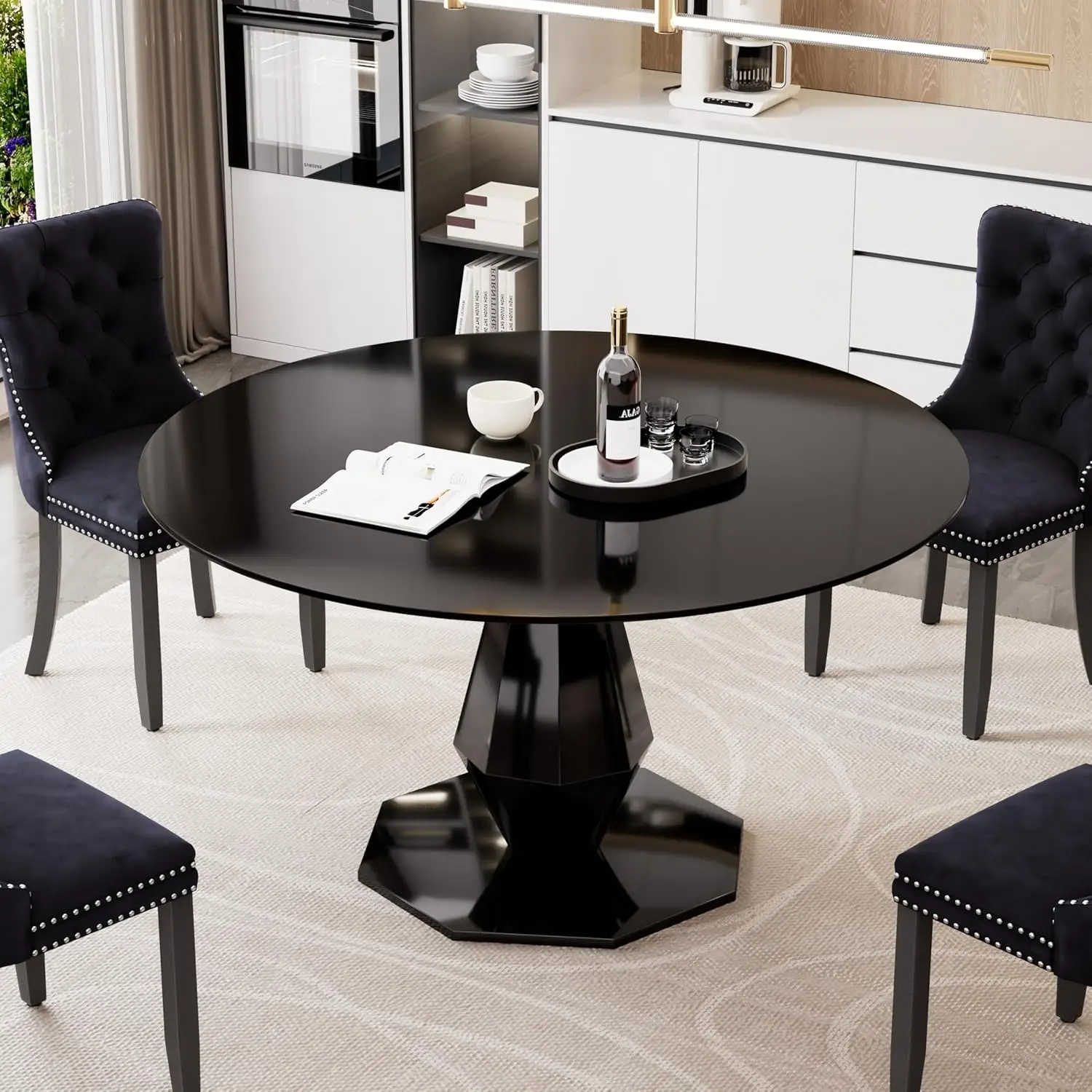 

Modern Luxury Round Glass Dining Table for 4-6, 47'' Black Circle Glass Top Kitchen Table with Stainless Steels Base, Large Circ