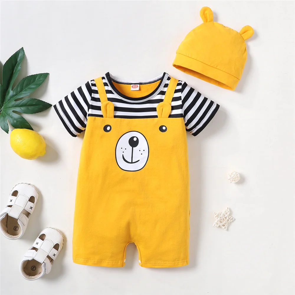 Summer Newborn Baby Boy Bodysuit Bear Print Striped Short Sleeve Romper Jumpsuit with Hat Lovely Toddler Boy Clothes 0-18 Months