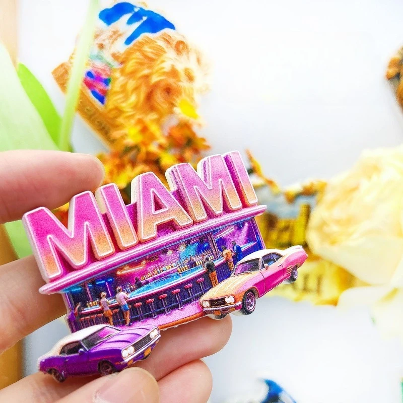 Miami Beach Fridge Magnet - Vibrant 3D Bar & Sports Car Souvenir Unique Florida Nightlife Gift for Travel & Man Cave Decor