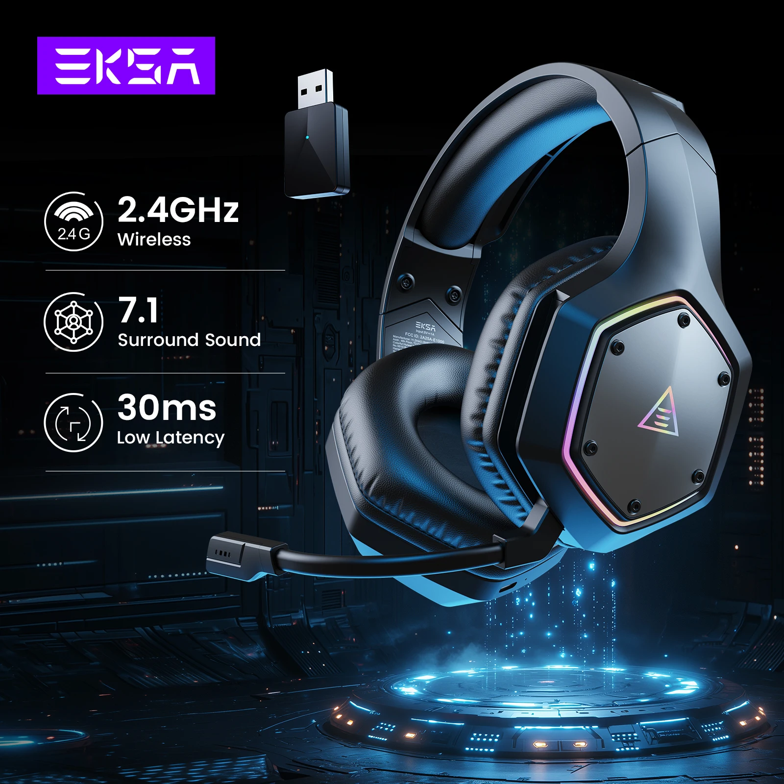 EKSA E1000 WT 2.4GHz Wireless Headphones, 7.1 Surround Wired Gaming Headset, Low Latency, ENC Mic, for Gamer PC/PS4/PS5/Xbox one