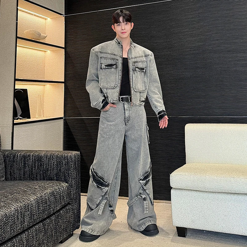 FEWQ High Street Men Wear New Trendy Denim Two-piece Set Stand Collar Zipper Male Jacket Multi Pocket Jeans Male Set 9C7158