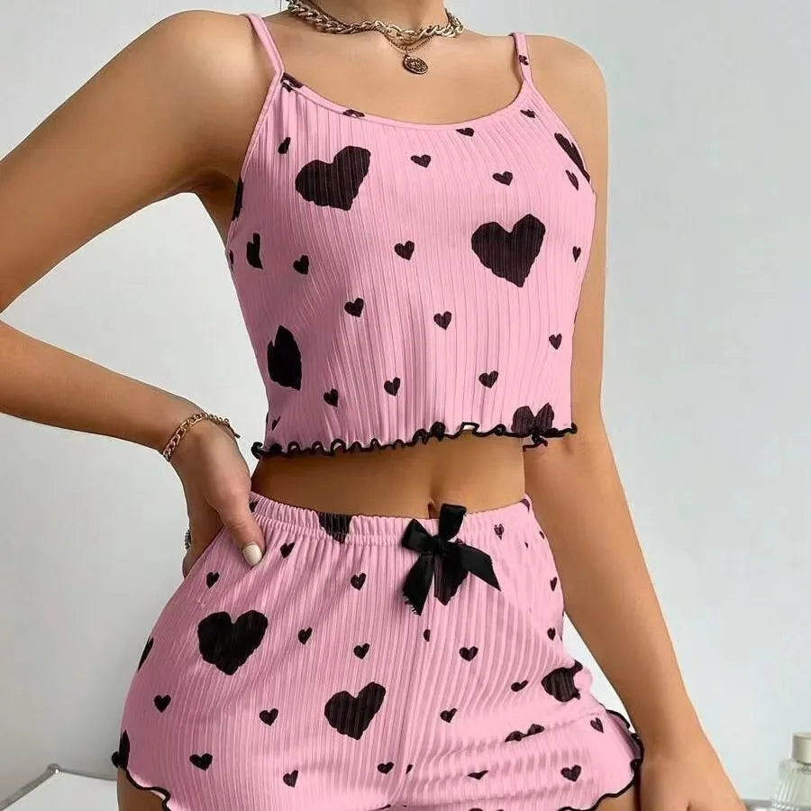 

2 Piece Set Womens Loungewear Heart Print Cami Shorts Pajama Set Ribbed Texture Open Back Sleepwear Casual Outfit For Outdoor
