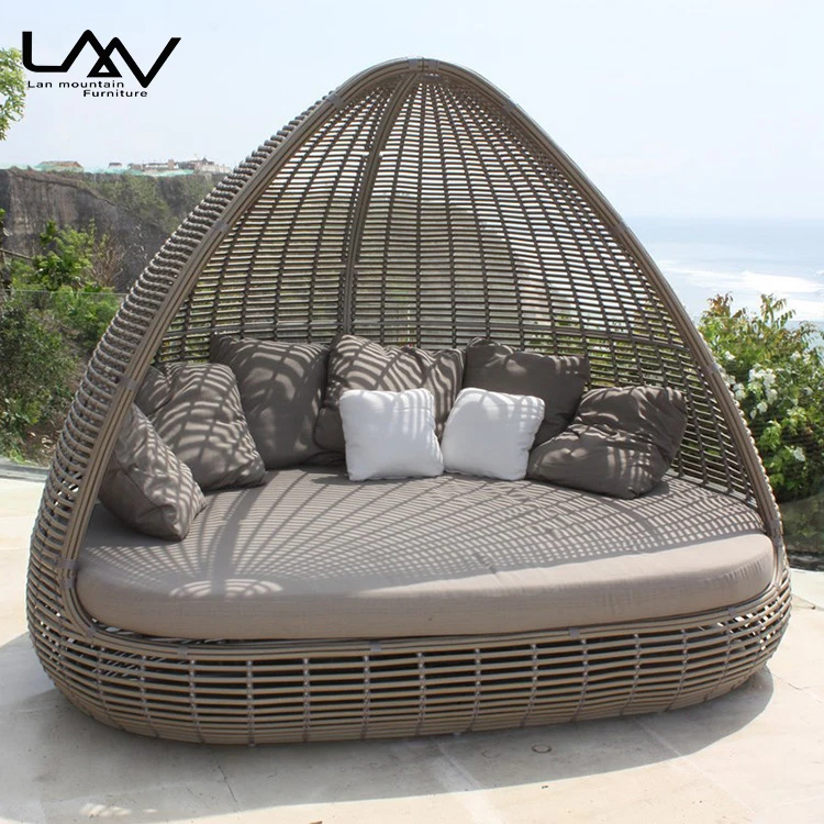 Modern Outdoor Rattan Sun Bed Aluminium Frame Chaise Lounge Garden Patio Hotel Pool Daybed With Canopy