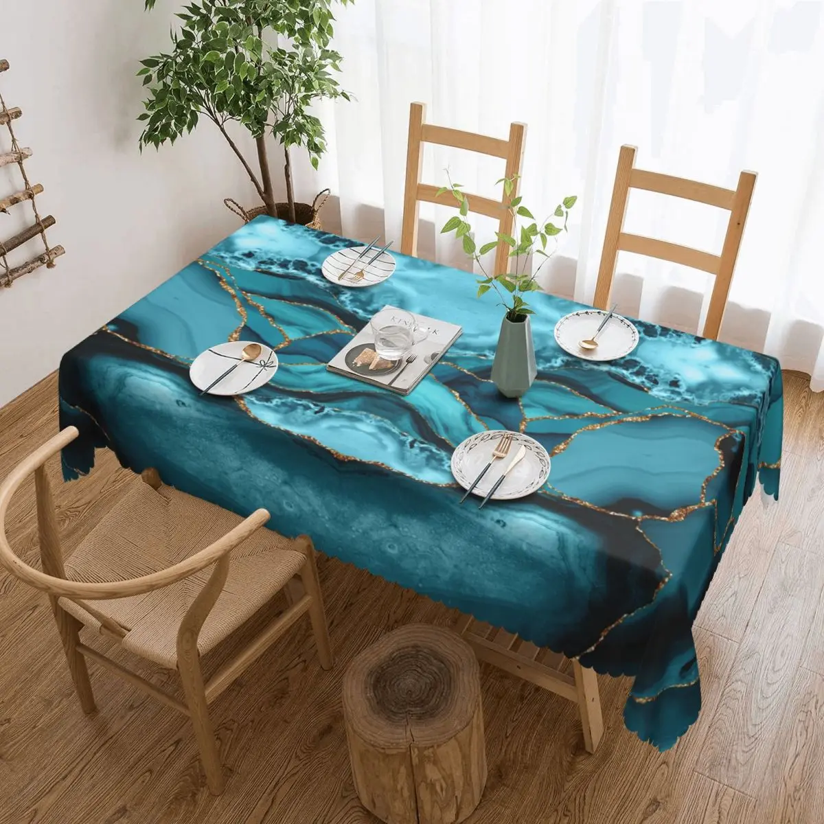 

Teal And Gold Marble Landscape Waves Tablecloth Rectangular Oilproof Geometric Table Cloth Cover for Dining Room