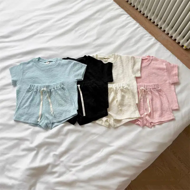 Boys Solid T Shirts + Shorts Baby Cotton 2pcs Suit Kids Girls Thin Casual Set 2025 Summer New Children Short Sleeve Clothes Set