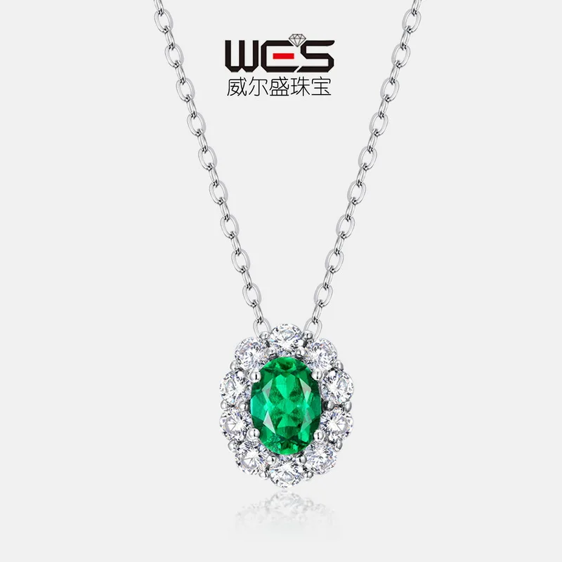 New 18K Gold PT950 Platinum Cultured Emerald Color Pendant Female Gemstone Necklace