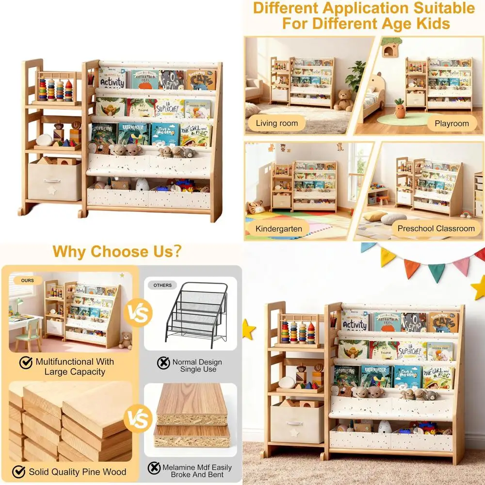 

3-Tier Wooden Kids' Bookshelf with Pocket Storage for Nursery, Playroom, and Kindergarten - Cream Terrazzo