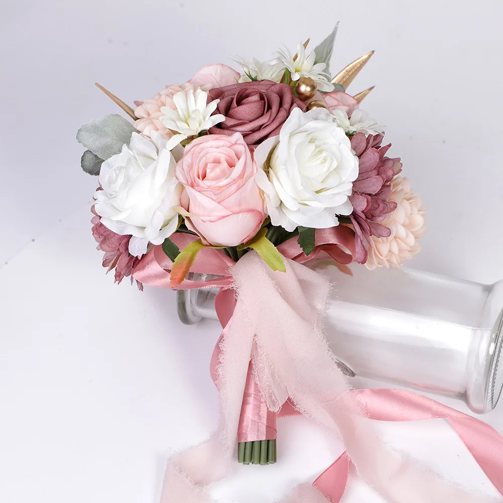 

Eternal Life Flower Outdoor Wedding Bride Beautiful Bean Paste Powder Simulation Holding Roses Hand Bouquet