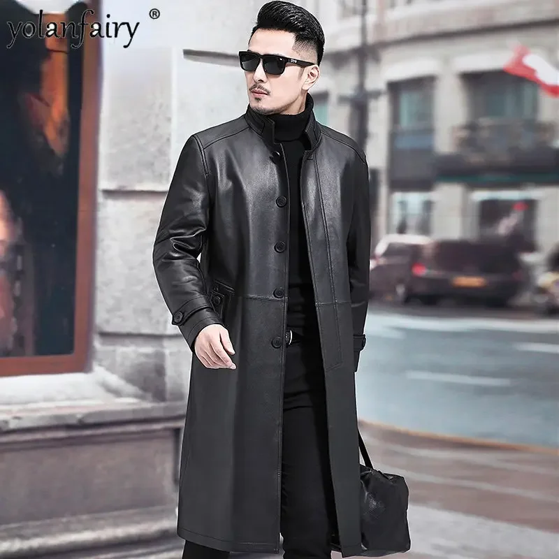 New Genuine Leather Jacket Men Natural Leather Sheepskin Coat Super Long Stand Collar Plush Leather Windbreaker Jackets Men Top