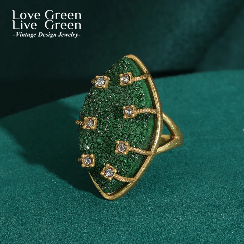 

Vintage Horse Eye Green Ring Stone Natural Frosted Woman Antique Gold Color Luxury Quality Jewelry Retro Wedding Accessories