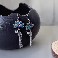 Cloisonne Enamel Pink Lotus Flower Tassel Small Bell Thai Silver 925 Earrings for Women Ethnic Style Long Earings Retro Jewelry