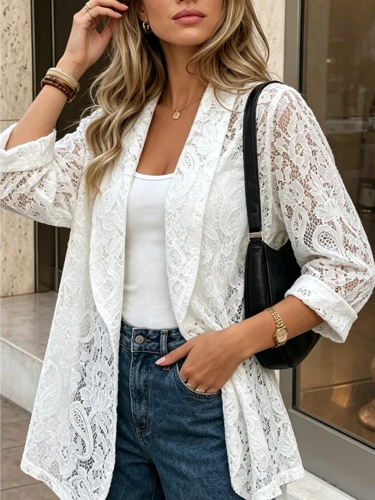 Chic Women Lace Hollow Out Elegant Long Sleeve Fashion Coat, Autumn Solid Color Loose Cardigan Blazer, Spring Casual Suit Jacket