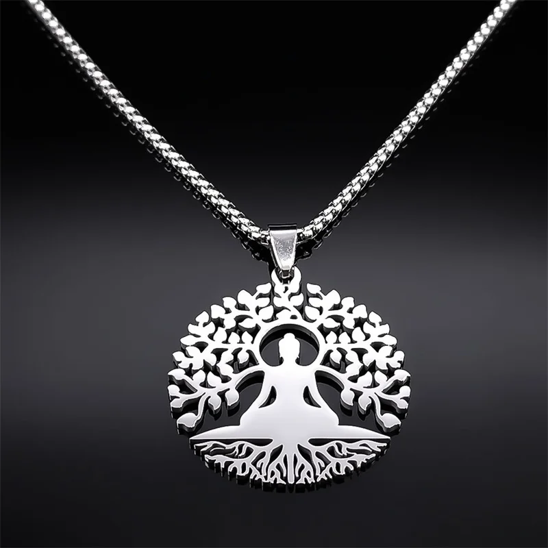 Buddhism Meditation Buddha Yoga Pendant Necklace Stainless Steel Tree of Life Buddhist Chakras Reiki Chain Jewelry collar