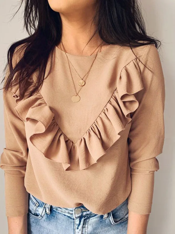 

Женская однотонная блузка с круглым вырезом и рюшами, повседневная, с длинными рукавами, стандартного кроя, не требует глажки.